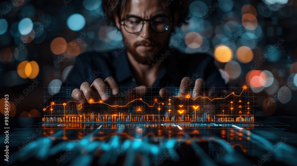 Aufkleber businessman with a financial stock market graph and business growth concept on a dark background. di