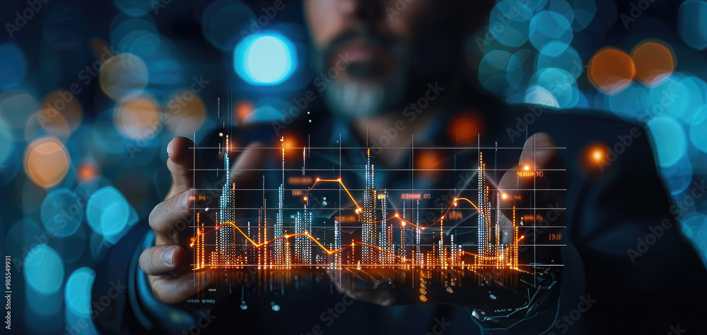 Poster businessman with a financial stock market graph and business growth concept on a dark background. di