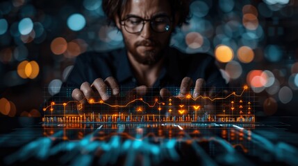 Businessman with a financial stock market graph and business growth concept on a dark background. Digital technology. Generative AI.