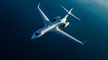 A white passenger plane ascends gracefully against a deep blue sky, illuminated by sunlight, emphasizing its elegant profile and broad wingspan