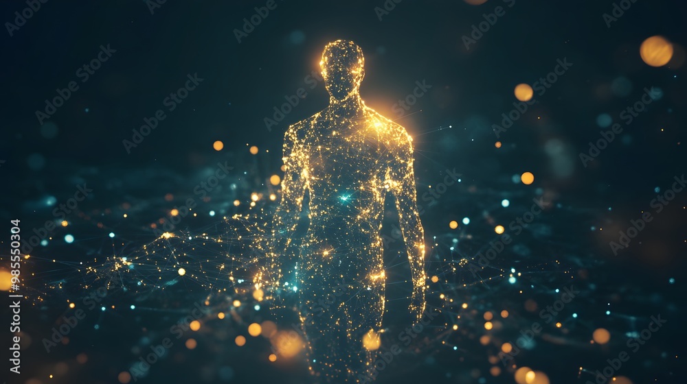 Poster a glowing network of abstract, geometric shapes forms an ai figure in the darkness, radiating a soft