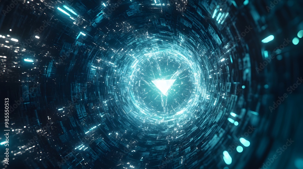 Poster A central, glowing abstract shape representing AI floats in a dark void, with geometric patterns of light radiating outward, suggesting a feeling of thankfulness.