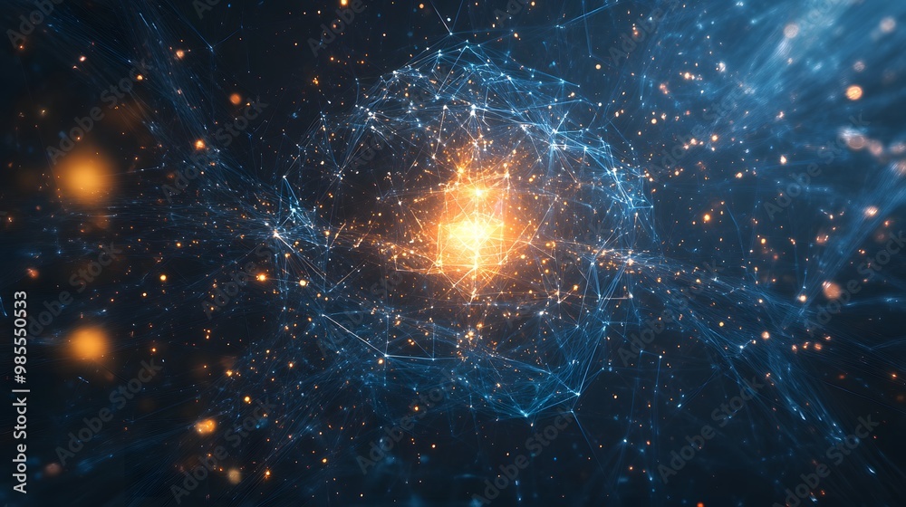Poster A central, glowing abstract shape representing AI floats in a dark void, with geometric patterns of light radiating outward, suggesting a feeling of thankfulness.