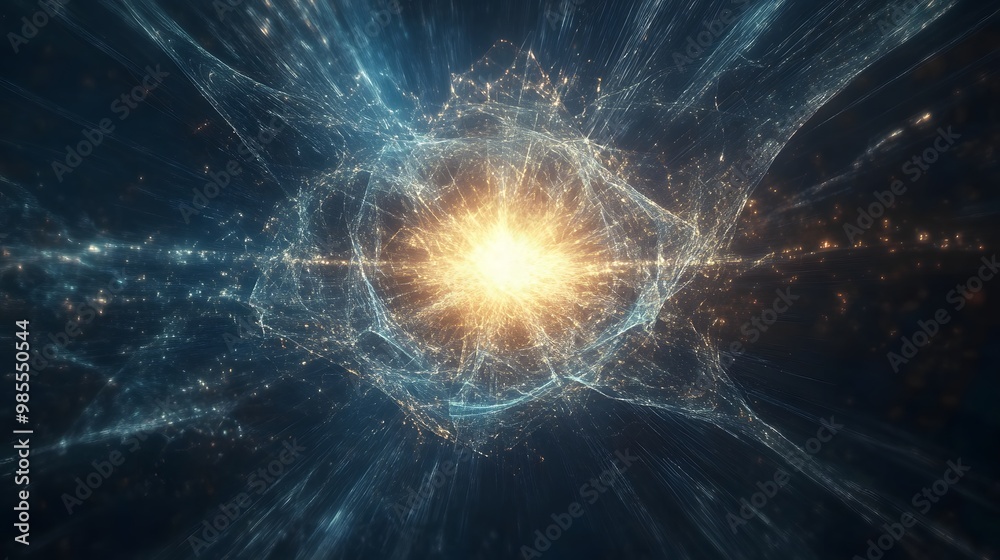 Aufkleber A central, glowing abstract shape representing AI floats in a dark void, with geometric patterns of light radiating outward, suggesting a feeling of thankfulness.