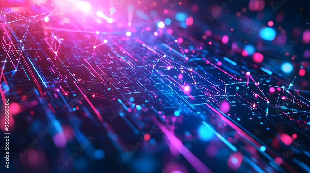 Aufkleber Abstract geometric shapes representing AI algorithms float in a high-energy digital space, with neon hues and dynamic lines, but the soft, steady glow creates a chill atmosphere.