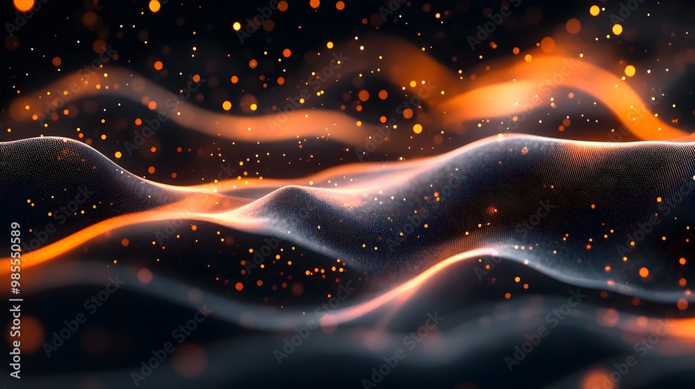 Poster Geometric forms and flowing data lines intersect in a dark space, creating an abstract AI design that glows with a soft, thankful light.