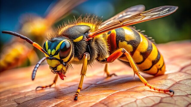 Detailed close-up images showcase wasp stings on skin, emphasizing the reactions, painful symptoms, and inflammation