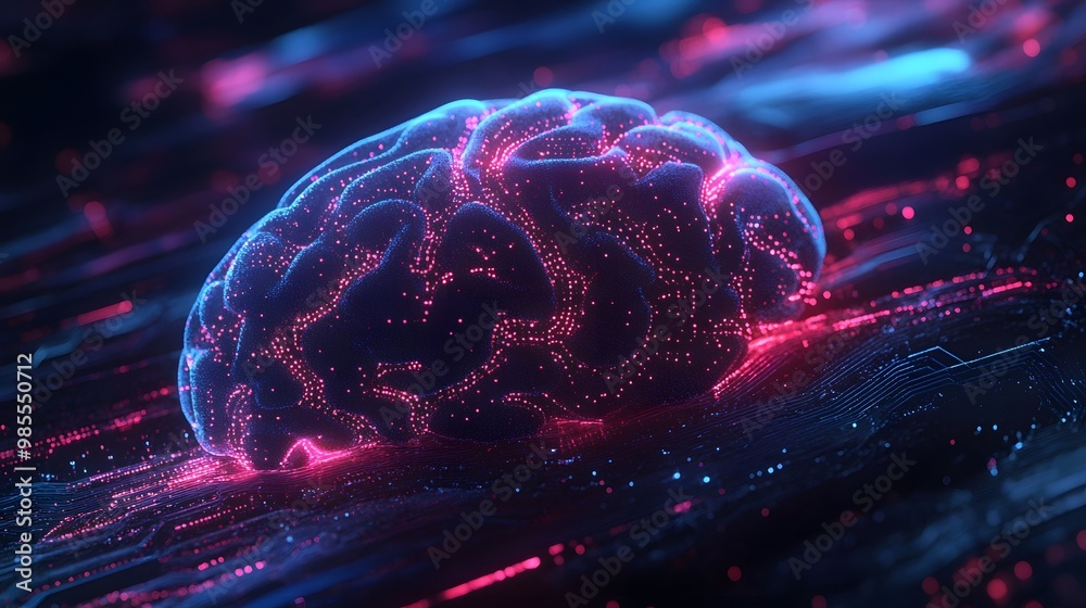 Poster An abstract AI brain composed of glowing circuits and data streams pulses with vibrant energy in a futuristic space, yet the calm, flowing patterns evoke a relaxed, chill mood.