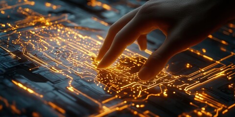 A hand touches a glowing circuit like digital interface 