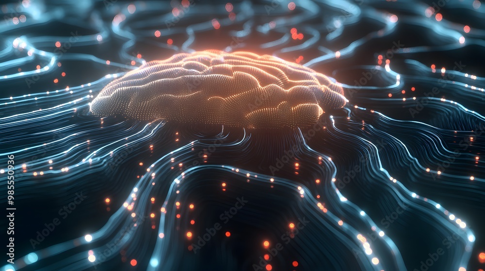 Poster Pulsing lines of light and data streams form an AI brain in an abstract setting, with bright energy and hype balanced by relaxed, chill lighting and slow movement.