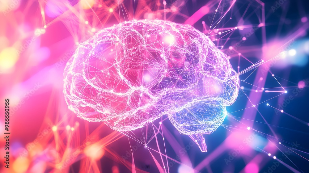 Poster Pulsing lines of light and data streams form an AI brain in an abstract setting, with bright energy and hype balanced by relaxed, chill lighting and slow movement.