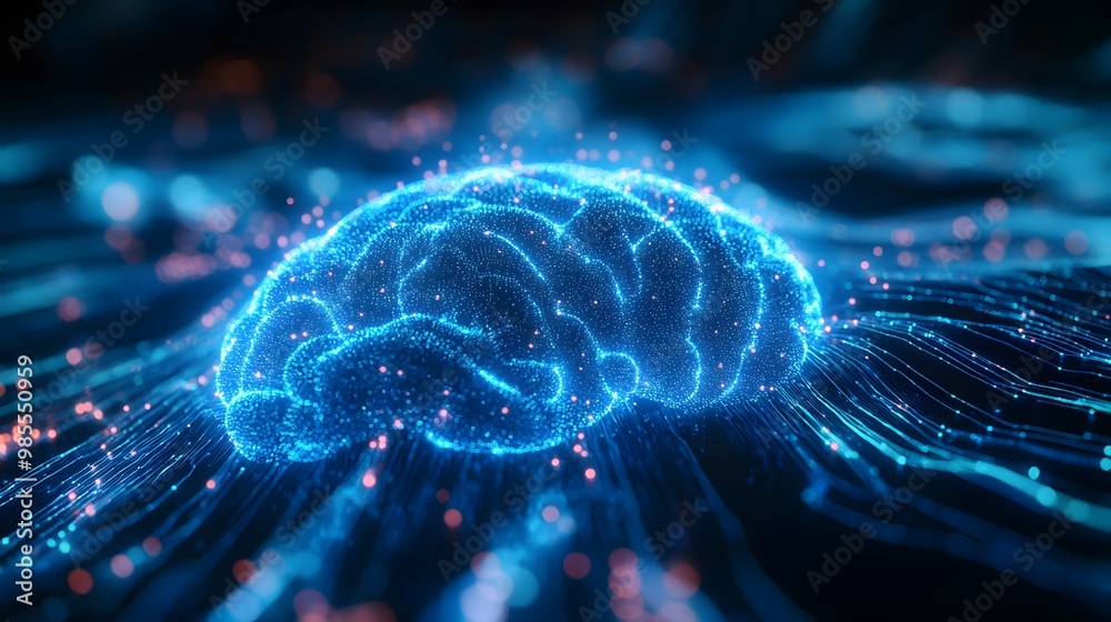 Poster Pulsing lines of light and data streams form an AI brain in an abstract setting, with bright energy and hype balanced by relaxed, chill lighting and slow movement.