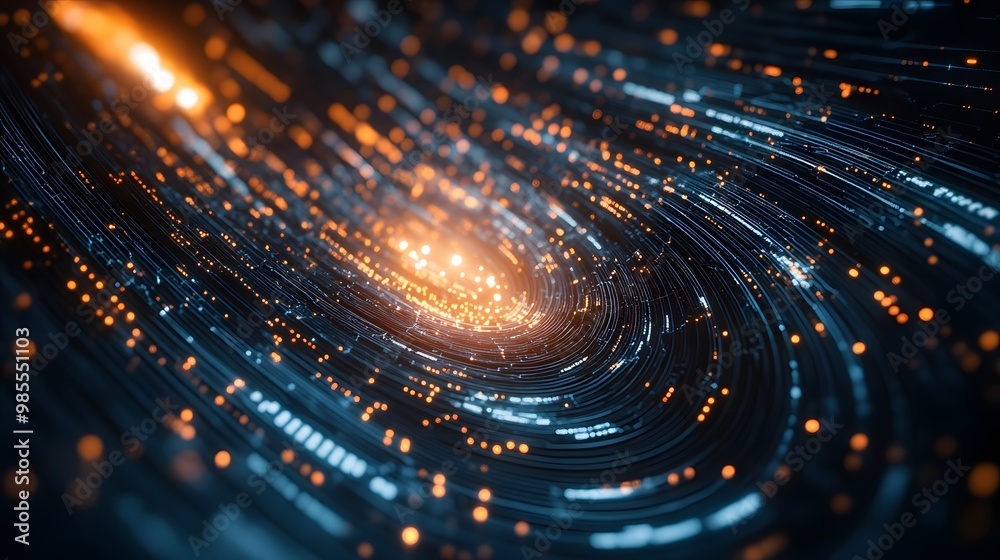 Poster Abstract patterns of glowing circuit lines weave through a dark background, converging into a central point that represents AI intelligence, with soft radiance suggesting a feeling of thankfulness.