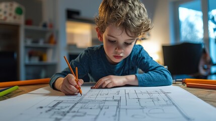A child pretending to be an architect, drawing blueprints on a large piece of paper,