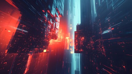 Geometric forms and AI-inspired data streams glow softly in an otherwise shadowy void, radiating a sense of calm and thankfulness as they flow together into an abstract central figure.