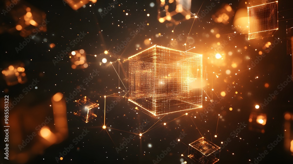 Poster Floating geometric shapes and lines form an abstract AI system in a dark, digital space, with gentle, warm light radiating a feeling of thankfulness and awe.