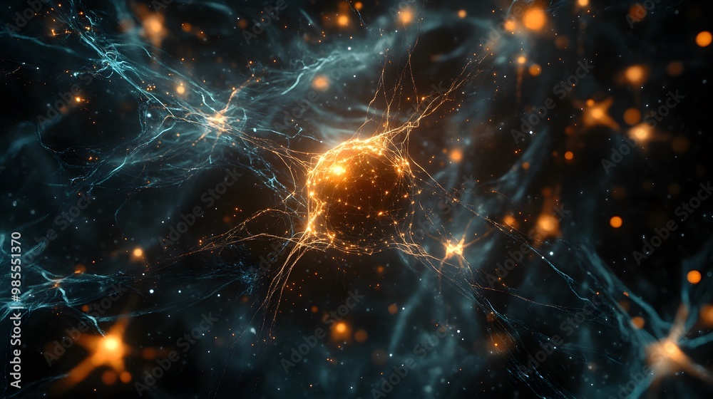 Poster An abstract representation of an AI neural network in a dark void, with glowing, pulsating nodes symbolizing knowledge and gratitude.