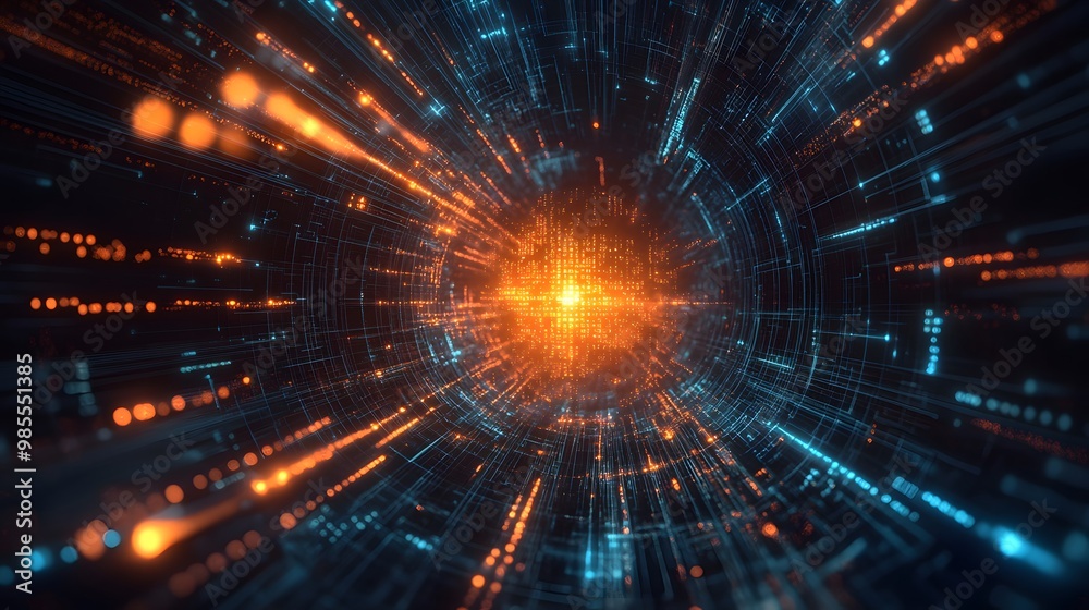 Poster Abstract lines of flowing code create a glowing AI symbol in the center of a dark, endless space, with light gently emitting gratitude and progress.