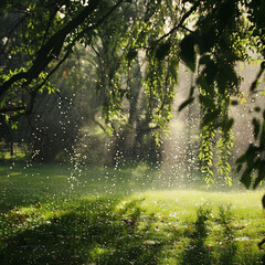Obraz premium In the morning, sunlight shines through weeping willows on green lawns, creating a rain. The droplets dance in mid-air before gracefully falling to form a beautiful water feature on the grassy ground