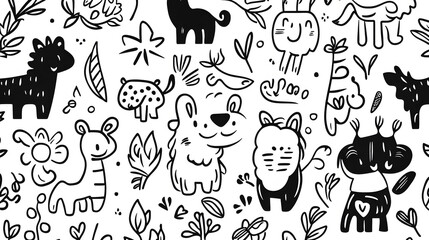 Fototapeta premium Cute baby animal cartoon seamless pattern vector illustration set with rabbits, cats, bears, cows, pandas, dogs, sheep, and more