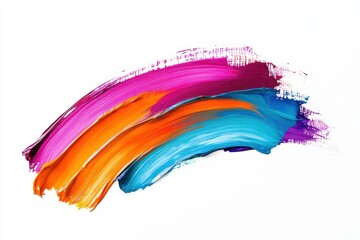 A vibrant abstract brushstroke blending colors of pink, orange, blue, and purple.