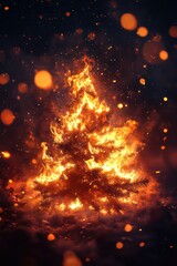 Naklejka premium Christmas Tree Engulfed in Flames with Fiery Glow and Dark Background in Dramatic Holiday Scene