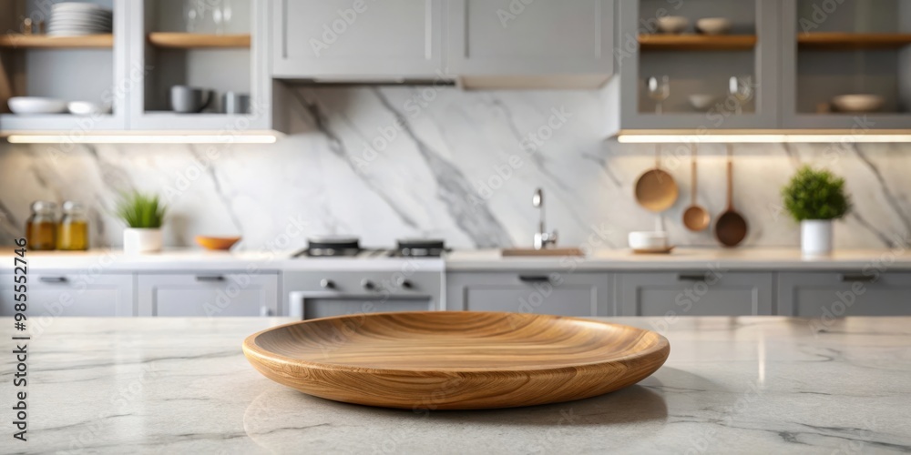 Poster empty wooden plate on marble counter in a modern kitchen setting for food and product display montag
