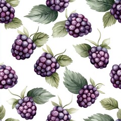 Watercolor seamless pattern of blackberries, isolated on a white background.