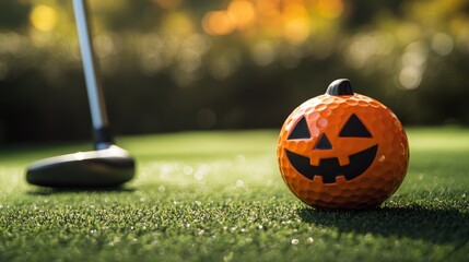 The vibrant pumpkin-shaped golf ball sits on lush green grass, adding a festive touch to the golf course as autumn colors begin to emerge