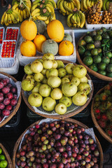 assortment of various tropical exotic fruits at a street market in Vietnam in Asia
