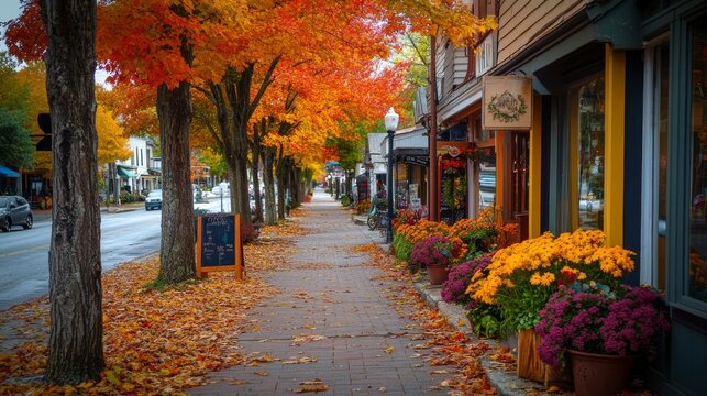 A charming small-town street lined with trees in brilliant autumn colors, featuring delightful shops and colorful flower displays, capturing the essence of fall