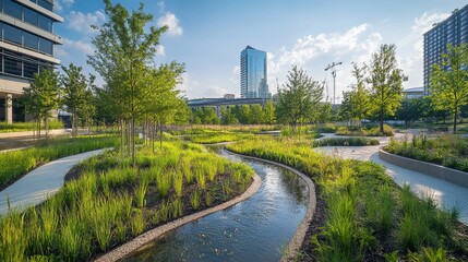Lush green rain gardens and permeable walkways create a sustainable urban design, enhancing the cityscape and promoting ecological balance in the area