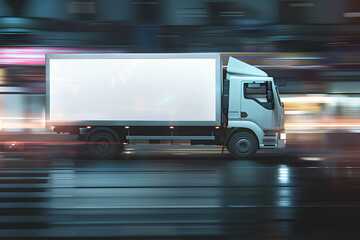A white truck with a blank white billboard on its side, driving at night in blurred motion