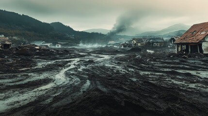 A valley landscape is left in ruins following a volcanic eruption, with homes partially submerged and smoke rising into the sky, showcasing the aftermath of nature's fury