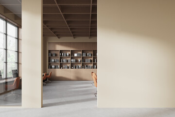 Modern Office Interior with Bookshelves and Orange Chairs. 3D Rendering © ImageFlow