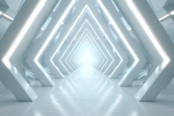 Futuristic Triangle Corridor, an abstract tunnel design featuring illuminated walls, sleek lines, and a modern aesthetic, ideal for a sci-fi business environment or conceptual space.