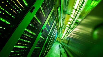 A wide-angle view of server racks in a green data center, where energy-efficient LED lighting creates a vibrant atmosphere focused on sustainability