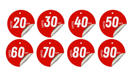 Different percent discount sticker discount price tag set. Red round speech bubble shape promote buy now with sell off up to 20, 30, 40, 50, 60, 70, 80 percent vector illustration isolated on white Se