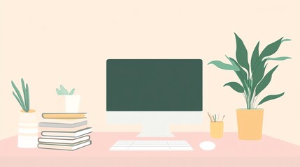 Minimalist Home Office Desk with Computer  Plants  Books  and Keyboard