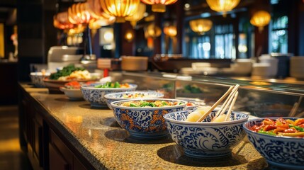Naklejka premium A wide-angle view captures a line of colorful dishes attractively displayed along the bar in a Chinese cafeteria, inviting diners to explore various flavors and options