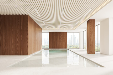 Luxury spa interior with pool in the center, panoramic window