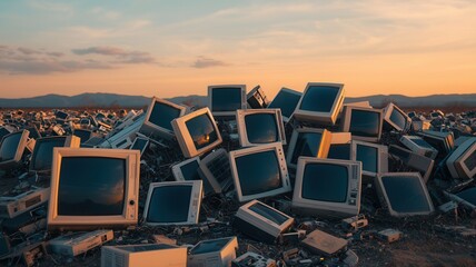 A sunset illuminates a pile of old, discarded computer monitors, showcasing the issue of e-waste and technological obsolescence in a striking landscape.