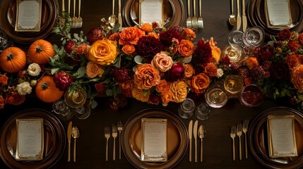 A beautifully arranged wedding table showcases autumn's charm with orange and burgundy flowers, mini pumpkins, and polished cutlery, perfect for a fall celebration