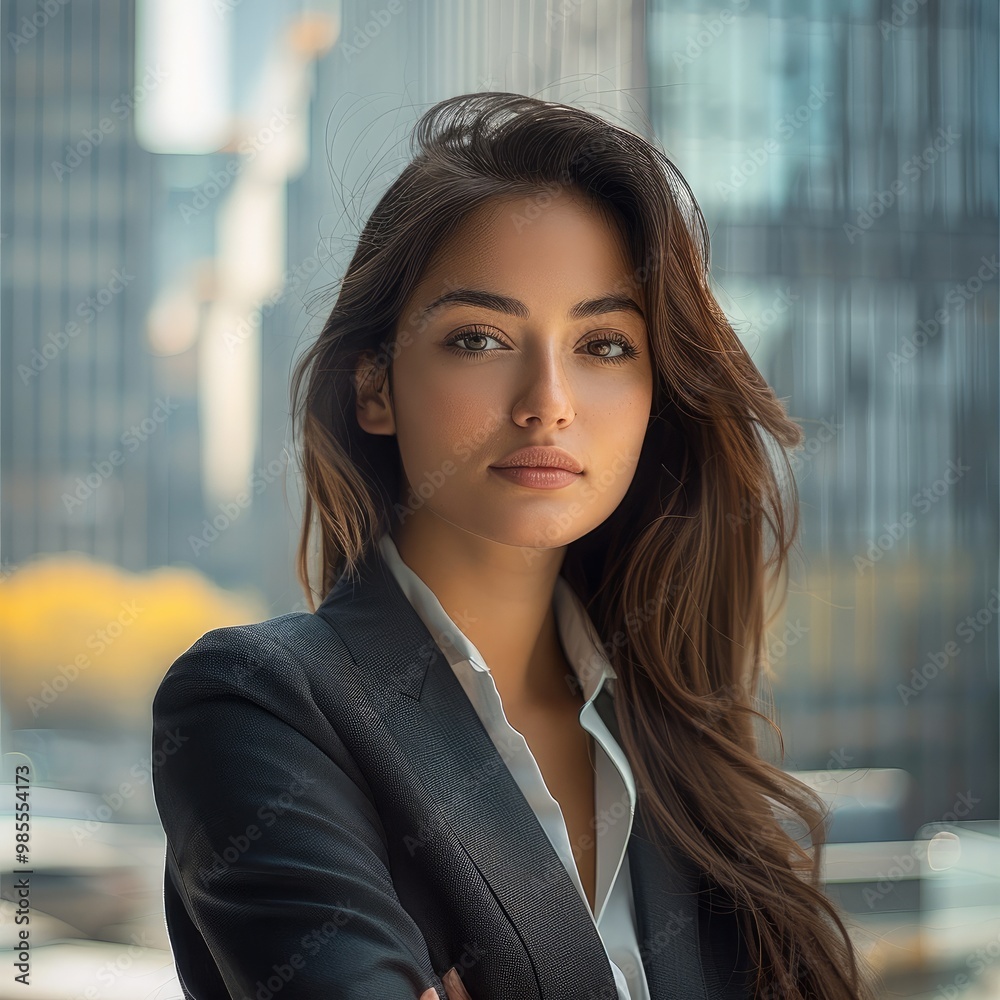 Canvas Prints Beautiful woman with dark brown hair, dressed in a business suit, standing against a backdrop of skyscrapers during the day. Generative AI.