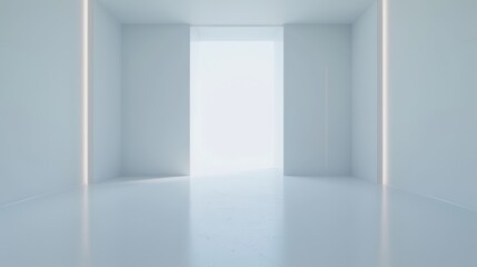 Serene White Interior Space, minimalist design featuring a bright, open room illuminated by soft light, emphasizing clean lines and an airy atmosphere, ideal for showcasing creativity.