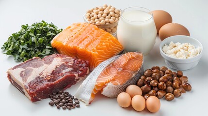 Protein food concept, meat pork, fish, bean, milk, egg, cereal set, plain white background....