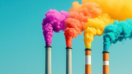 Colorful smoke billows from industrial chimneys against a blue sky, creating a striking visual contrast of nature and industry.