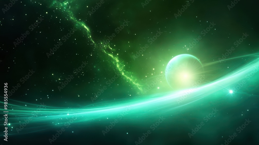 Poster abstract green cosmic background with vibrant star fields and interstellar patterns, creating a visu