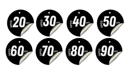 Different percent discount sticker discount price tag set. Red round speech bubble shape promote buy now with sell off up to 20, 30, 40, 50, 60, 70, 80 percent vector illustration isolated on white 