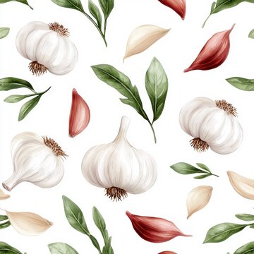 Watercolor seamless pattern of garlic, isolated on a white background.